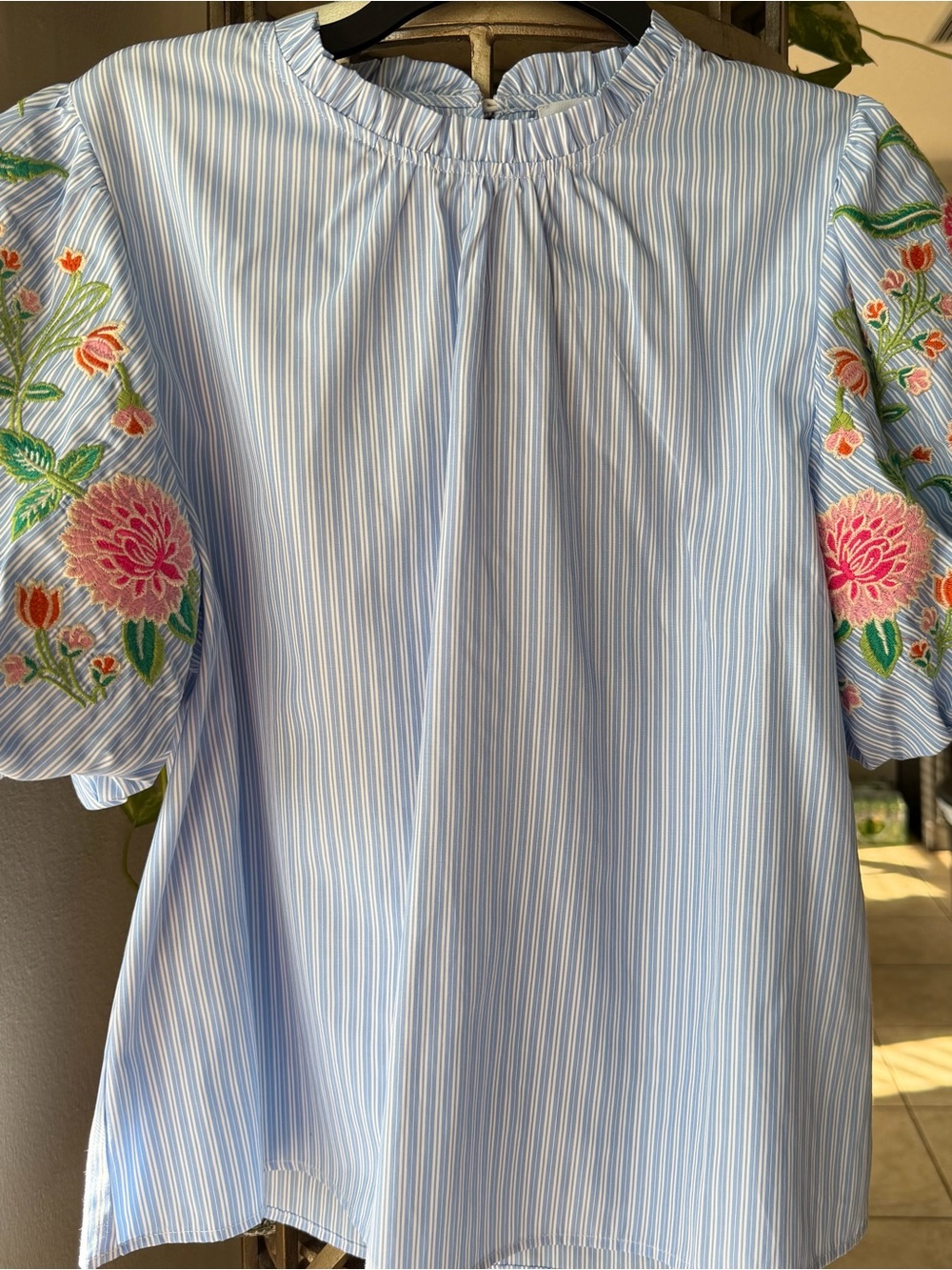 THML Light Blue Striped Puff Sleeve Blouse with Floral Embroidery